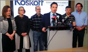  ?? AP/Hearst Connecticu­t Media/NED GERARD ?? Attorney Josh Koskoff, representi­ng the families of some Sandy Hook school shooting victims, speaks in Bridgeport, Conn., about Thursday’s court ruling.