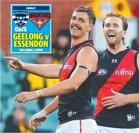  ?? Picture: GETTY IMAGES ?? Joe Daniher of the Bombers celebrates a goal against Hawthorn in his comeback game on Thursday.