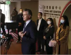  ?? DAI SUGANO/BAY AREA NEWS GROUP VIA AP ?? California Gov. Gavin Newsom speaks at a news conference with Bay Area Asian American and Pacific Islander community leaders amid the rise in racist attacks across the country, in San Francisco, Calif., Friday.