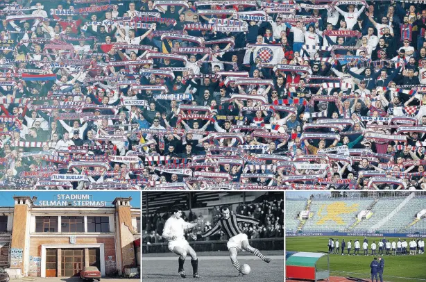  ?? KEYSTONE/WIKIPEDIA ?? Nella foto grande i tifosi croati dell’Hajduk Spalato; in basso da sinistra lo stadio del Kf Tirana, Vujadin Boskov (con la maglia a strisce) e il campo del Levski Sofia, in Bulgaria
