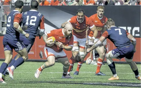  ?? SUBMITTED PHOTO ?? Niagara Falls native and Brock University graduate Ray Barkwill, with the ball, was selected to play for Canada's national senior men's rugby team in an exhibition game against New Zealand Maori Friday night at B.C. Place in Vancouver.