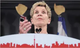  ?? ANDREW FRANCIS WALLACE TORONTO STAR ?? Ontario Premier Kathleen Wynne speaks during a news conference at Toronto City Hall on March 1, 2018. Wynne says criticism that parents weren't consulted over the sexual education curriculum changes simply aren't true.