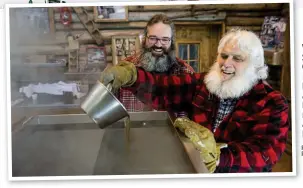  ?? Pictures: THE CANADIAN PRESS / GETTY ?? Wonderland: Snowfall in Quebec City. Inset: Stefan Faucher, left, and his father Pierre boiling maple syrup at Sucrerie de la Montagne