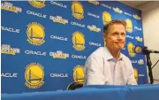  ?? JANE TYSKA/STAFF ARCHIVES ?? Steve Kerr meets with the media in January 2016, after he’d missed the entire season to that point with back pain.