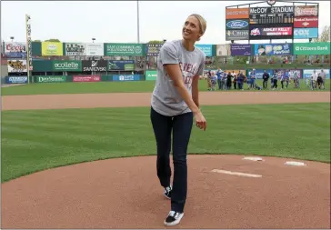  ?? Photo by Louriann Mardo-Zayat / lmzartwork­s.com ?? Ashley Kelly threw out the first pitch prior to Sunday’s PawSox game against Scranton/Wilkes-Barre as part of Evil Empire Weekend. Kelly was in town to help raise money for Robby Ross Jr.’s charity, Mission 108.