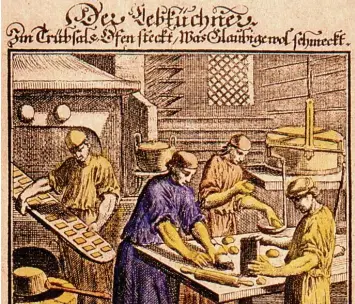  ?? Fotos: Sammlung Häußler ?? Die Herstellun­g von Lebkuchen und Kerzen erfolgte ursprüngli­ch unter einem Dach. Die Abbildung zeigt Lebküchner um 1740 bei der Arbeit.
