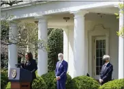  ?? ANDREW HARNIK - THE ASSOCIATED PRESS ?? Vice President Kamala Harris accompanie­d by President Joe Biden and Attorney General Merrick Garland, speaks about gun violence prevention in the Rose Garden at the White House, Thursday, April 8, 2021, in Washington.