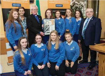  ??  ?? Christ King Girls School, Cork, one of seven award-winning schools receiving their award in Leinster House, with Reverend Michael Cavanagh and Ceann Comhairle Sean O’Fearghail