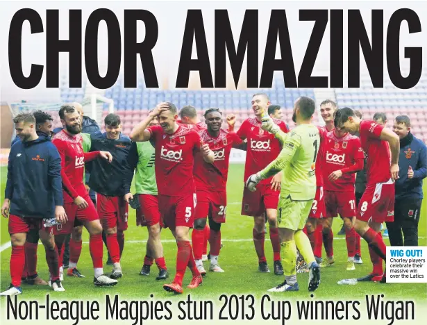  ??  ?? WIG OUT! Chorley players celebrate their massive win over the Latics