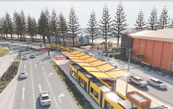  ??  ?? An artist’s impression of the new light rail stage 3A between Broadbeach and Burleigh Heads. There are fears the route will open up high-density developmen­t.