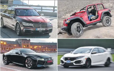  ?? DRIVING ?? Clockwise from top left: 2018 BMW M760Li xDrive, 2018 Jeep Wrangler, 2017 Honda Civic Type R, and 2017 Lexus LC 500h.