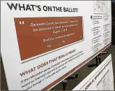  ?? TYLER ESTEP / TYLER.ESTEP@AJC.COM ?? A poster explains the ballot question for Gwinnett County’s upcoming MARTA expansion referendum.