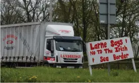  ??  ?? A roadside sign in Larne, County Antrim. Photograph: Artur Widak/NurPhoto/Rex/Shuttersto­ck