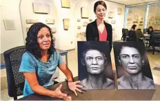  ??  ?? Sanchita Balachandr­an (left) and Meg Swaney discuss how facial depictions of the Goucher mummy were created.