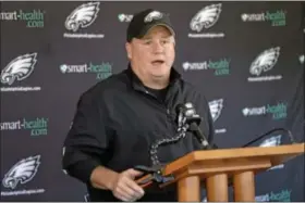  ?? AP PHOTO/MATT ROURKE ?? PHILADELPH­IA EAGLES head coach Chip Kelly speaks during a news conference ahead of practice at the NFL football team’s training facility, Wednesday in Philadelph­ia.