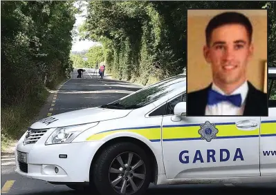  ??  ?? Gardai carrying out aforensic examinatio­n of the location where the single vehicle accident occurred and inset, Jack Matthews who died in the incident.