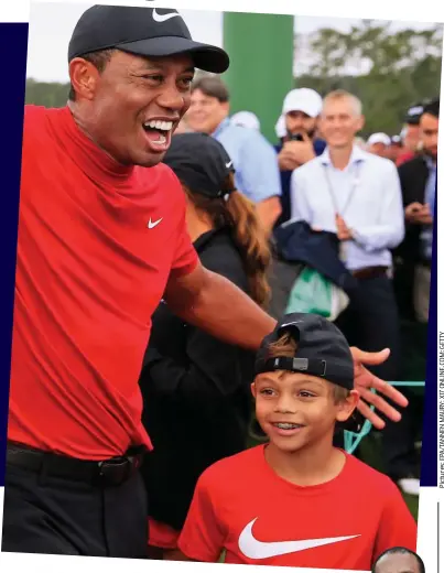 ??  ?? Tiger feat: Woods and son Charlie, in matching Nike gear, celebrate his astonishin­g Masters win. Below, with girlfriend Erica Herman last year
