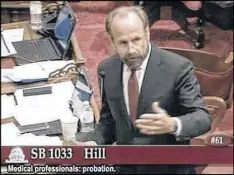  ?? AP ?? California State Sen. Jerry Hill wants to require doctors to tell patients about their disciplina­ry history, including sanctions for sexual misconduct.