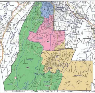  ?? Contribute­d ?? Walker County’s four commission districts are drawn to equalize as much as possible each district’s population with reference to the cities of Rossville, Chickamaug­a, LaFayette and Lookout Mountain.