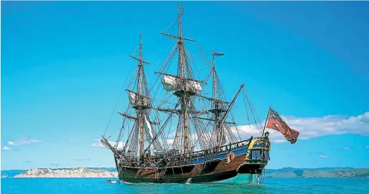  ?? SUPPLIED ?? The replica of Captain James Cook’s Endeavour seen off Poverty Bay. US and Australian archaeolog­ists hunting for Captain Cook’s HMS Endeavour may have finally discovered its location on the east coast of America.