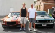  ??  ?? Dan Fulmer with his 1971 Chevy Camero and his father, Glen Fulmer, with his 1969 Ford Mach 1. This year’s event highlighte­d the Borough of Boyertown’s 150’s anniversar­y. The borough will continue to celebrate its 150th celebratio­n through October.