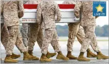  ?? AP ?? US Marines are seen carrying the remains of Marine Lance Cpl. Jeremiah Collins of Milwaukee upon arrival at the Dover Air Force Base in Denver Monday. A private US charity struck a deal with the Pentagon to advance a death gratuity to families of US...