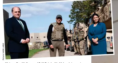  ??  ?? Victory: Ben Wallace and Priti Patel with Afghan interprete­r Dost yesterday. Far right: An interprete­r in Helmand in 2007