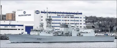  ?? CP PHOTO ?? HMCS Ville de Quebec is seen as it heads past the Irving-owned Halifax shipyard in Halifax in December 2017. Hundreds of people gathered on a jetty at Halifax’s naval base Wednesday to bid farewell to 240 military members aboard HMCS Ville de Quebec....