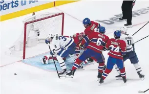  ?? RICHARD LAUTENS TORONTO STAR ?? Leafs centre Auston Matthews (34) misses a golden chance to score against the Canadiens on Saturday. Matthews, who led the NHL with 41 goals in 52 games, has just one playoff goal.