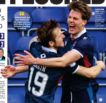 ??  ?? 10 Kilmarnock are now winless in 10 league games, with nine of those fixtures resulting in defeat
LOVE FOR LEO: Hjelde celebrates scoring County’s second with team-mate Charlie Lakin (left)