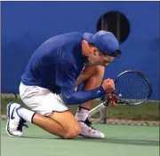  ?? TAMARA DOBRY / UF Athletics ?? Florida’s McClain Kessler celebrates after his clinching win over Mississipp­i St. on Friday.