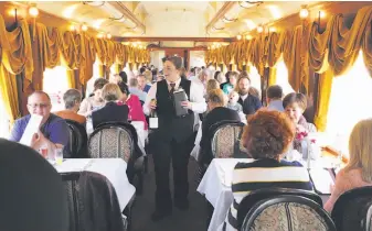  ??  ?? Visitors who boarded the opulent Napa Valley Wine Train in downtown Napa get set to depart on one of the many regularly scheduled 36-mile, three-hour tours of the Wine Country.