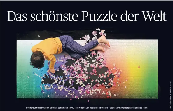  ??  ?? Bonbonbunt und trotzdem geradezu schlicht: Die 5.000-Teile-Version von Habichts Farbverlau­fs-Puzzle. Keine zwei Teile haben dieselbe Farbe.