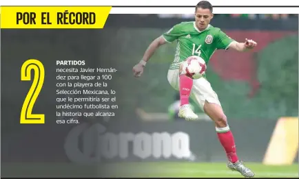  ??  ?? necesita Javier Hernández para llegar a 100 con la playera de la Selección Mexicana, lo que le permitiría ser el undécimo futbolista en la historia que alcanza esa cifra.