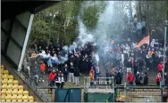  ??  ?? Rangers fans gather outside of the Tony Macaroni Arena to watch the match