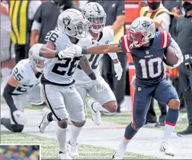  ?? MATT STONE / BOSTON HERALD FILE; INSET, BRETT CARLSEN / GETTY IMAGES ?? Patriots wide receiver Damiere Byrd finds an opening against Las Vegas Raiders defensive back Nevin Lawson on Sept. 27 in Foxboro. Inset, Jacksonvil­le Jaguars wide receiver Keelan Cole high-points the ball against the Pittsburgh Steelers on Jan. 18, 2018, in Pittsburgh, Penn.