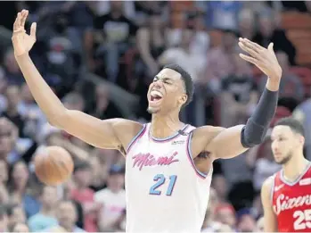  ?? LYNNE SLADKY/AP ?? Hassan Whiteside last played in the Heat’s March 8 108-99 victory over the Philadelph­ia 76ers.