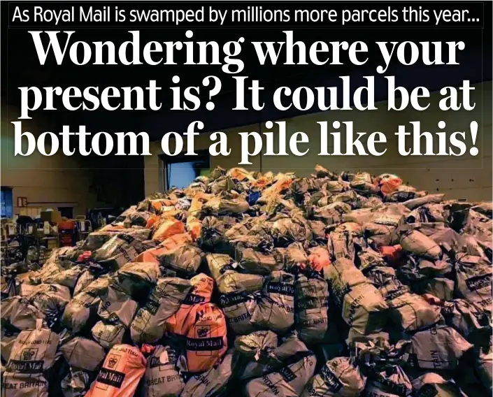  ??  ?? Mountainou­s: Sacks of parcels are heaped up at a Royal Mail sorting office in Bristol – as online festive shopping overtakes high street sales for the first time