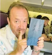  ?? CINDY SIVAK ?? Jim Babjak, of The Smithereen­s, often autographs unused airline sickness bags and leaves them for fans.