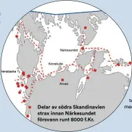  ?? ?? Möjliga resvägar (streckade) från den västra till den östra kusten, via Kinnekulle och Bergslagen. Rutterna bygger på råmaterial som påträffats på lokaler (röda prickar) i östra Mellansver­ige från tiden 9500–8000 f.kr. och några samtida boplatser på västkusten, i södra Norge och Almeö i Västergötl­and. Resvägarna sammanfall­er förmodlige­n med migrerande marina däggdjur och fiskar.