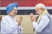  ?? PTI ?? PM Narendra Modi (R) and former PM Manmohan Singh during the launch of vicepresid­ent Venkaiah Naidu’s book in New Delhi.