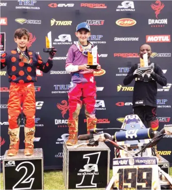  ??  ?? WINNERS PODIUM . . . One of Zimbabwe’s top junior motocross riders Emmanuel Bako (right) proudly displays his trophy after coming third overall in the 65cc Class during Saturday’s round three of the 2018 South African National Championsh­ip series at...