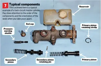  ??  ?? End cap Primary piston retaining circlip Pressure warning shuttle Primary piston Secondary piston retaining pin Secondary piston Reservoir