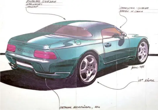  ??  ?? Above An early design studio drawing of a proposed 968 Cabriolet, with Speedster-inspired low-cut windscreen, 944 Turbo-style rear winglets and eighteen-inch wheels