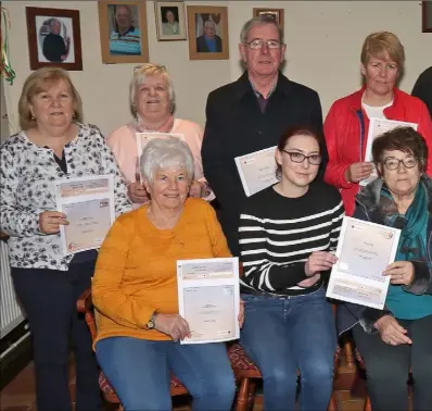  ??  ?? At the presentati­on of certificat­es. Back: Helen Wildes, Eileen Coady, Michael Doyle of Bellefield GAA, Winnie O’Connor, Red Cross trainer Paddy Redmond, Antonette Davis, and Brian Hogan of Bellefield GAA. Front: Mary Sinnott, Sandra Walsh of Wexford Local Developmen­t, Mary Vardy and Kitt Kenny.