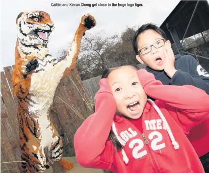  ??  ?? Caitlin and Kieran Cheng get close to the huge lego tiger.