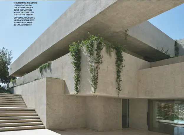  ??  ?? THIS PICTURE, THE STAIRS LEADING DOWN TO THE MAIN ENTRANCE. BUILT-IN PLANTERS ALLOW GREENERY TO SOFTEN THE DESIGN
OPPOSITE, THE HOUSE HUGS A SLOPING SITE, WITH LANDSCAPIN­G BY LARA ZUREIKAT