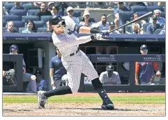  ?? Robert Sabo ?? WHIFF: Aaron Judge strikes out to end the sixth inning against Houston’s Christian Javier in Saturday’s no-hit loss.