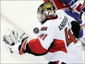  ?? FRANK FRANKLIN II - THE ASSOCIATED PRESS ?? Ottawa Senators goalie Craig Anderson (41) stops a shot on the goal against the New York Rangers during the third period of Game 6 of a Stanley Cup second-round playoff series Tuesday in New York. The Senators won 4-2.