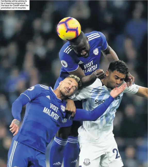  ??  ?? Sol Bamba will be aiming to be a towering presence at the back for Cardiff when the promotion run-in resumes